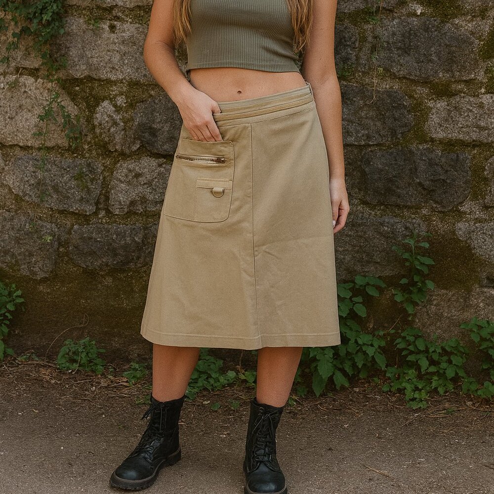 Vintage E-SUN khaki utility cargo skirt with pockets knee length festival style